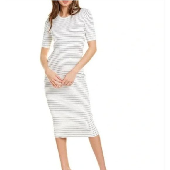 Theory Dresses & Skirts - Theory Body Con Striped Ribbed Stretch Knit Midi Dress Ivory Black Medium NEW